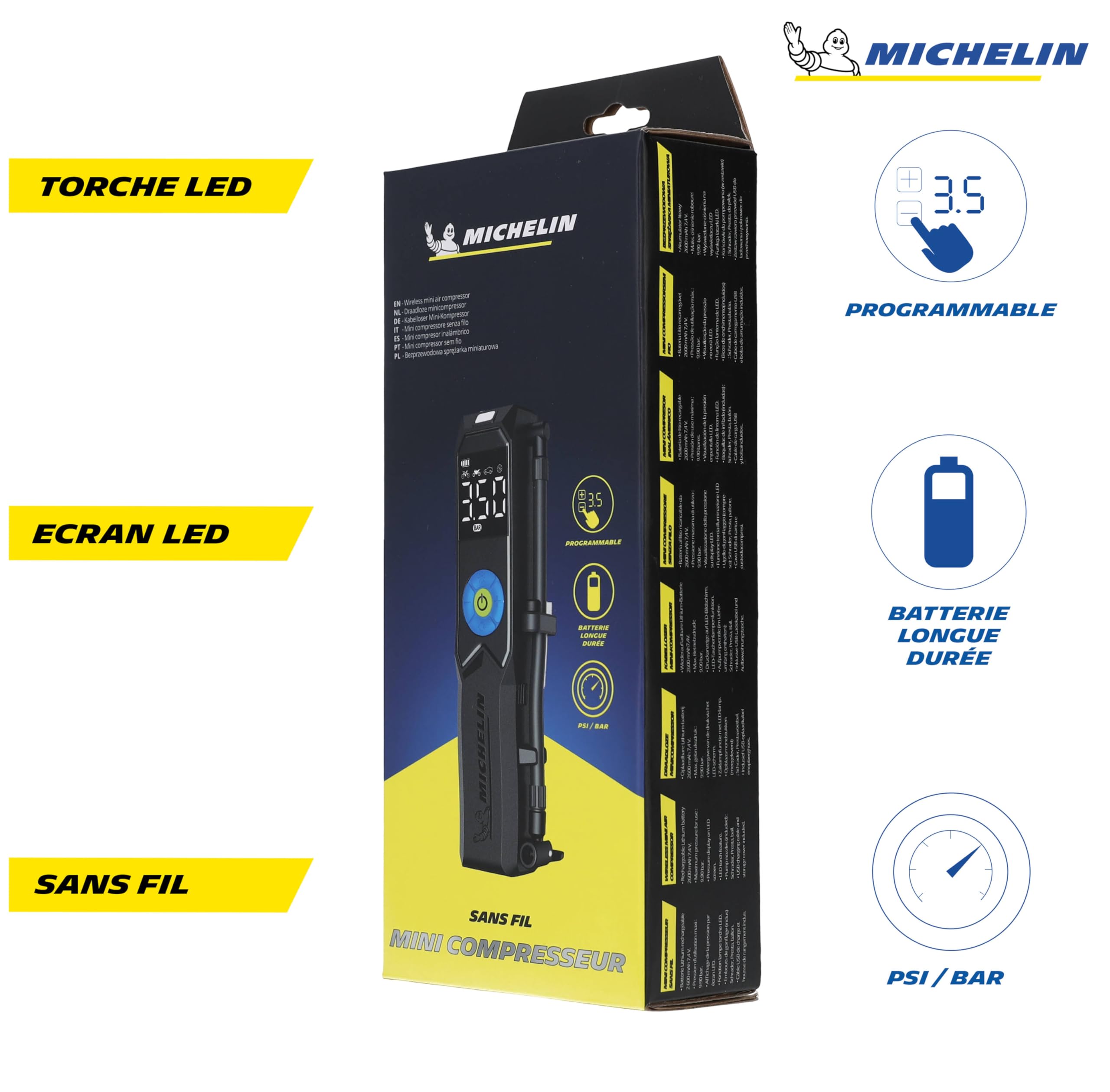 Michelin Digital - Pompa ad aria a batteria, 10 bar, colore nero, 20,5 x 5,4 x 4,7 cm