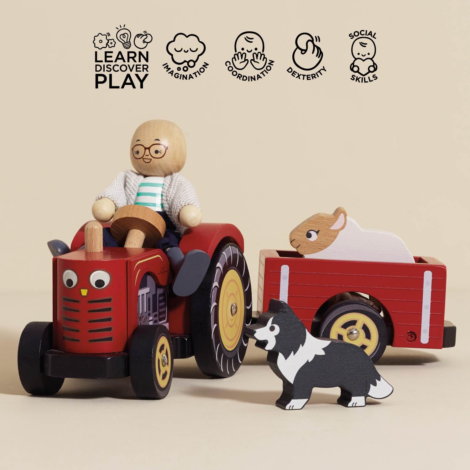Le Toy Van - TV468 - Juego de Tractor de Juguete Educativo para niños, 2 años, Juguete Montessori, con Remolque magnético, Juego de Madera ecológico, sin plástico