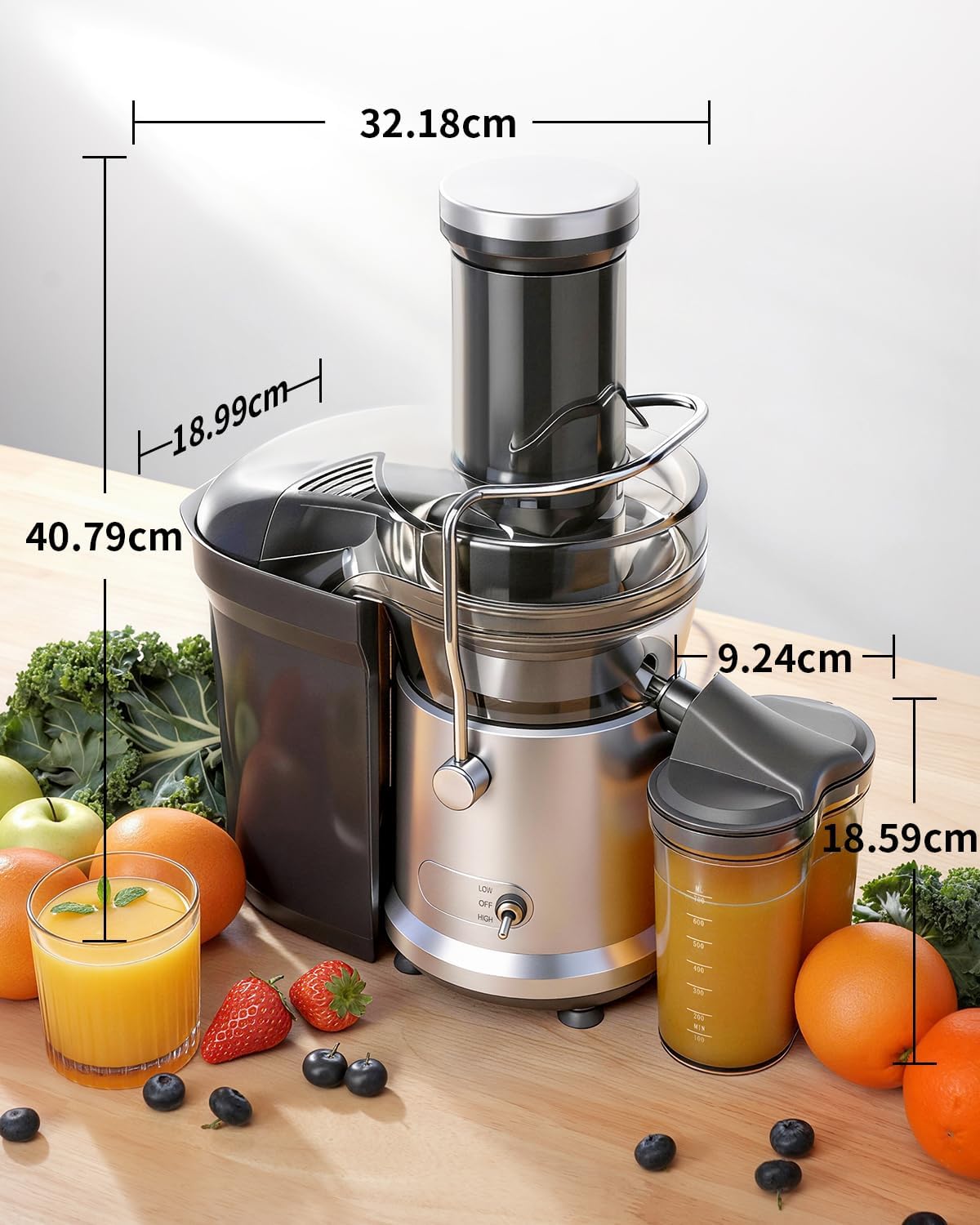 GDOR Centrifugeuse puissante de 1200 W de 2 L avec grande ouverture de 81 mm de large, machine à jus de fruits et légumes entiers, facile à nettoyer, moteur en cuivre, brosse anti-goutte incluse