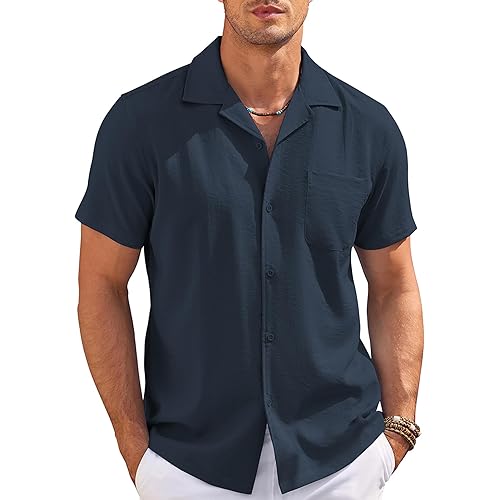 COOFANDY Men's Casual Button Down Shirts Short Sleeve Summer Cuban Vacation Beach Shirts