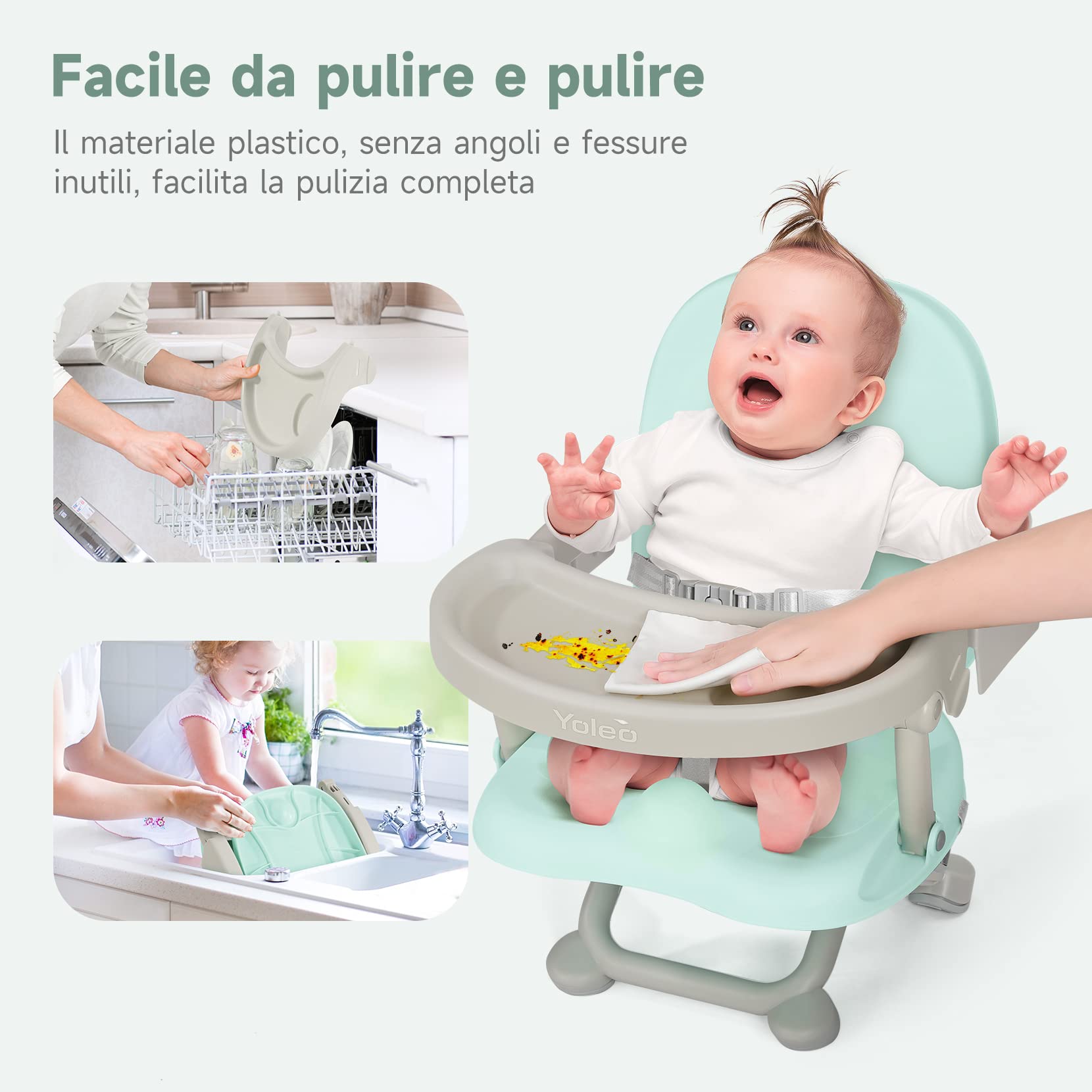 YOLEO Seggiolone Pappa, Portatile Rialzo Sedia Bambini per 6-36 mesi, Seggiolino per Bambini Regolabile con Chiusura Compatta e Vassoio Rimovibile, per uso Interno/Esterno (Verde senza Cuscino)