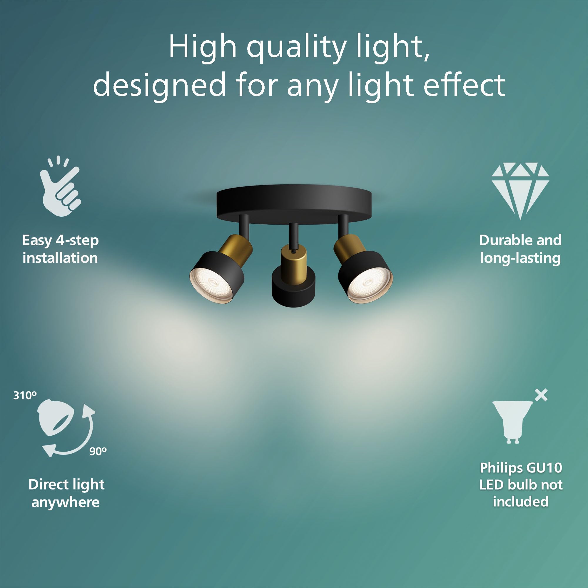 PHILIPS Conduit Spot 3-Head on Round plale, GU10 not Included, Brass, IP20, Black/Gold - Image 2