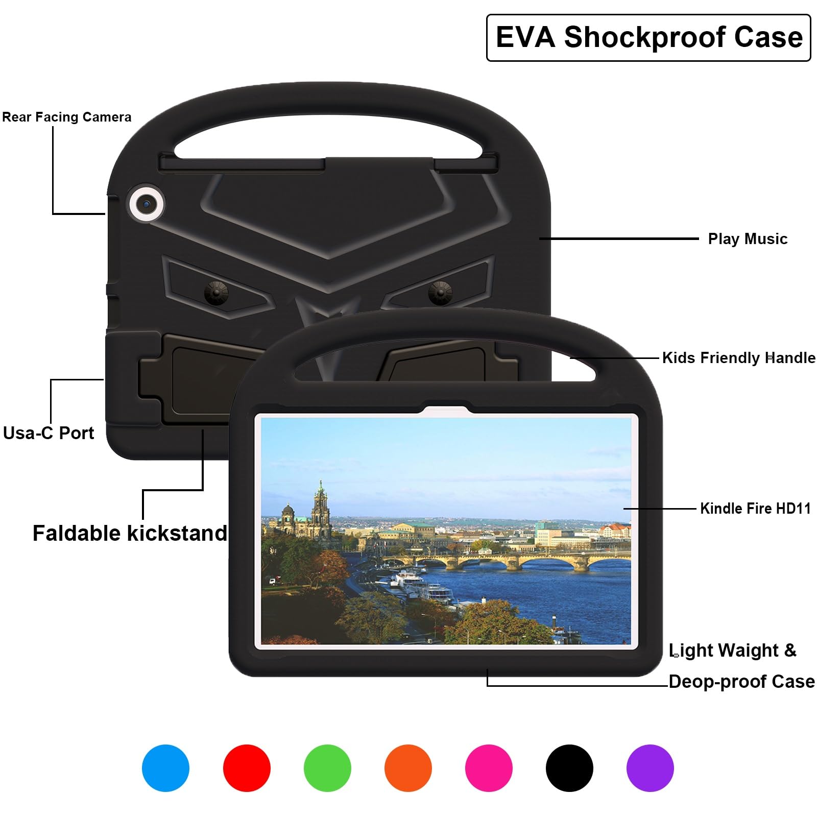 Podróż na tablecie Kompatybilny z Kindle Fire HD 11 (2023) Etui na tablet dla dzieci, lekki, odporny na wstrząsy stojak EVA Etui na tablet z uchwytem i podpórką Ochrona tabletu(Noir)