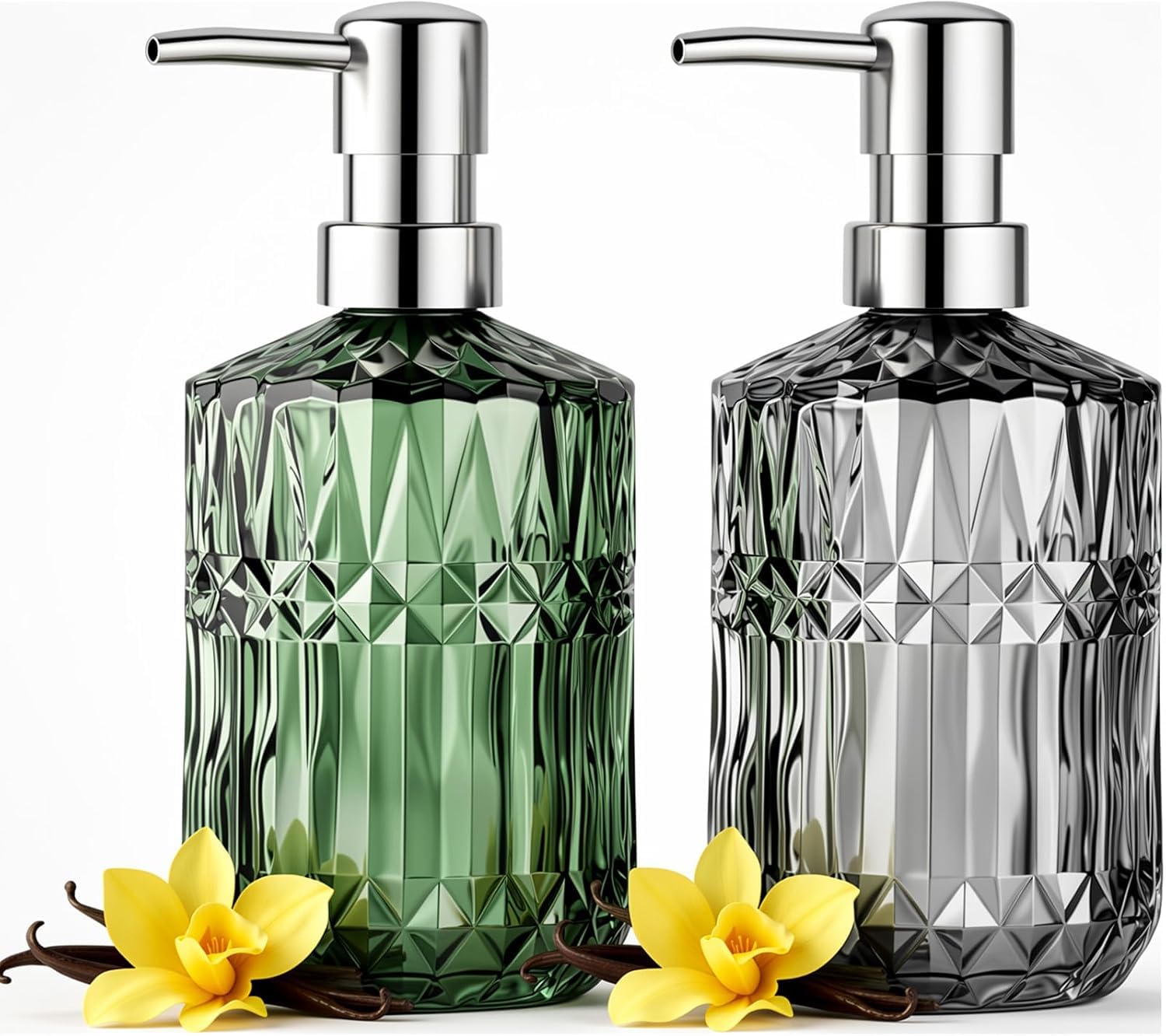 2 Piezas 450ml Dispensador Jabon Baño Jabonera Baño Dosificador Cristal, Lavavajillas Doseador Sabonete Liquido para Champú, Gel De Ducha, Cocina y Baño