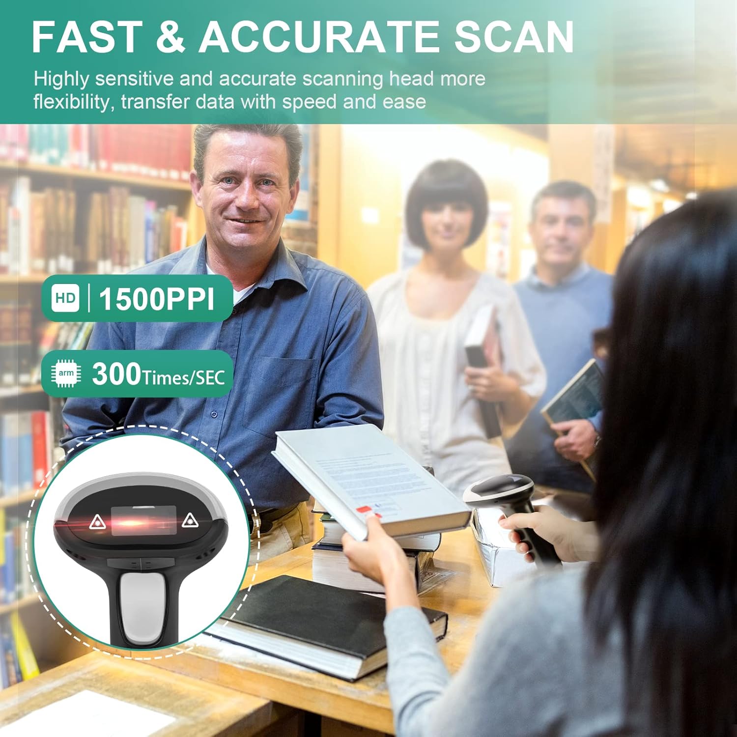 JRHC barcode scanner in use at a library checkout, highlighting fast and accurate scanning at 1500 PPI and 300 scans/sec.