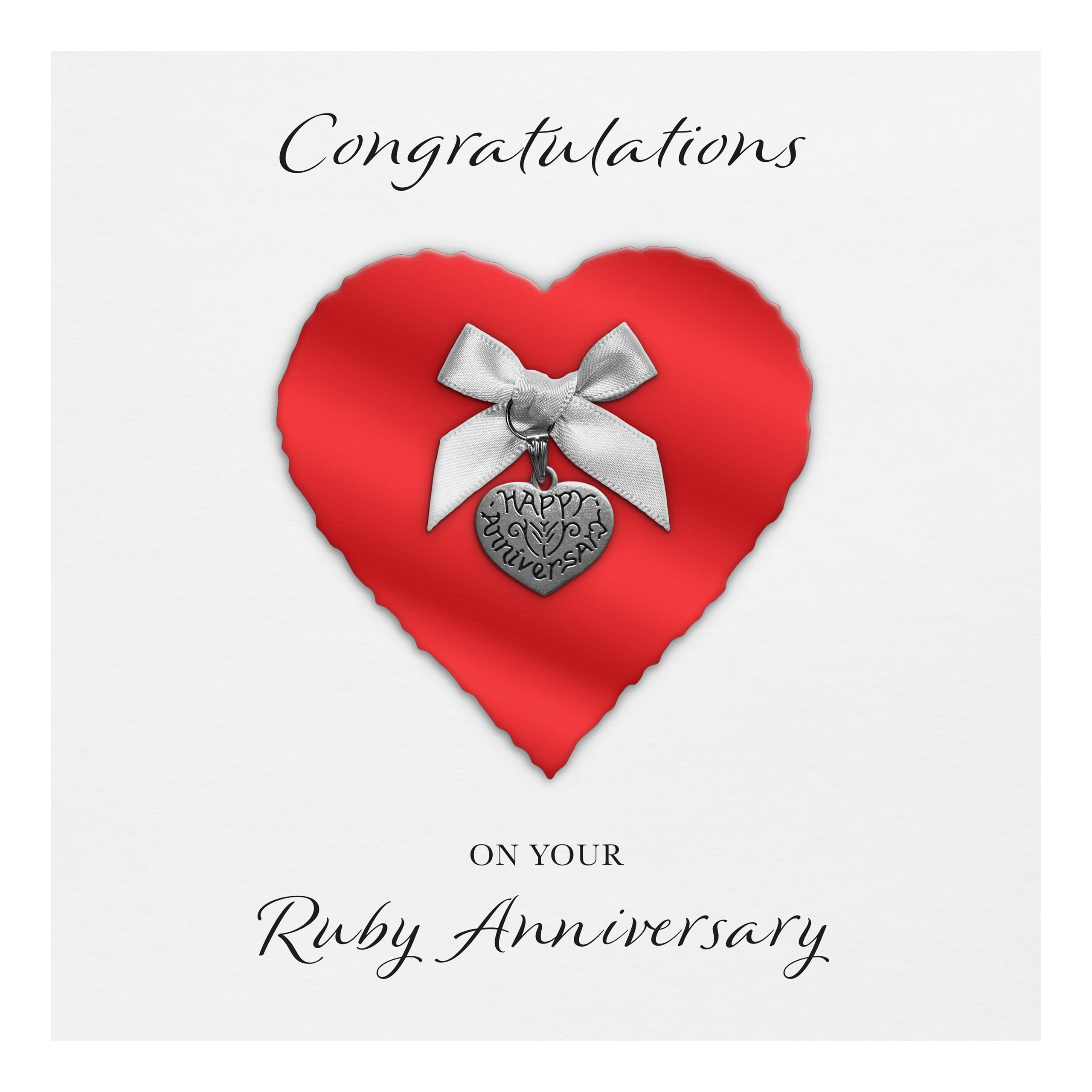 Ruby 40th Anniversary Card "Heart Charm & Bow" - Handmade UK (Ruby Heart/White Bow, White Cardstock)
