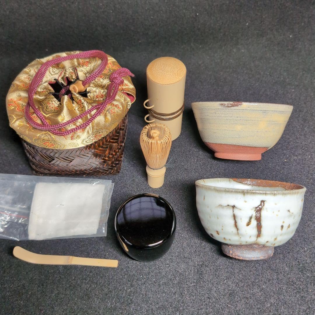 Amazon.co.jp: 茶道 野点セット 茶碗✕2 棗 茶筅 茶匙 茶巾 籠巾着 8 