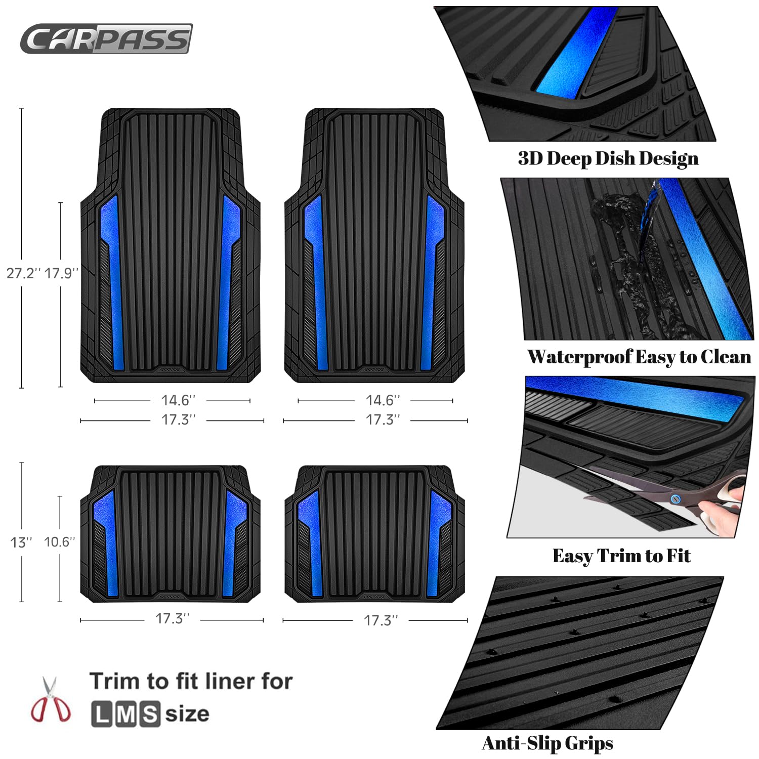 CAR PASS Set completo di tappetini per auto in gomma resistenti e sportivi, per tutte le condizioni atmosferiche, impermeabili, antiscivolo, tappetini per auto, su misura per berline al 95%, SUV