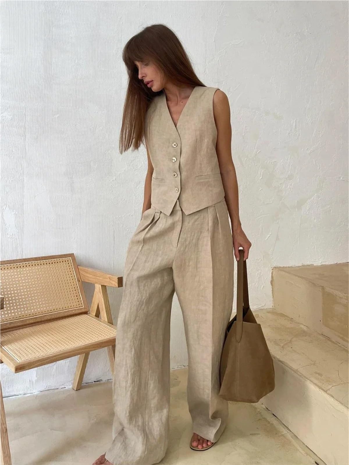 Completo Estiva Donna Completo da donna in lino e cotone, elegante, con gilet pantaloni, due pezzi, estivo, ufficio Per viaggiare