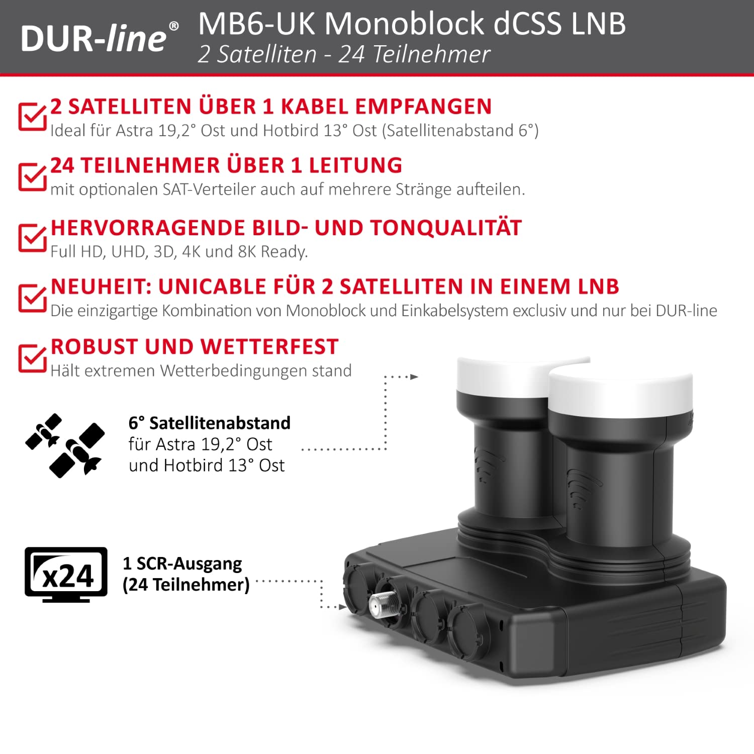 DUR-line 6° Monoblock Unicable LNB – Astra 19,2°E + Hotbird 13°E – 24 participantes y 2 satélites (MB6-UK) – Doble LNC con función de cable – Full HD, 4K, 8K, 3D – Resistente a la intemperie +