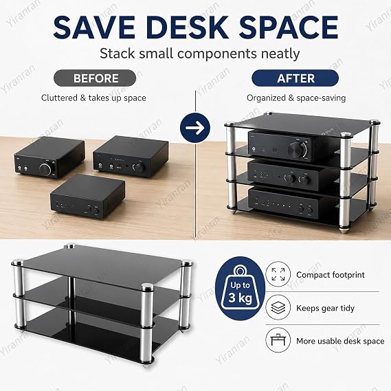 Mini Acrylic Audio Component Rack, Open 2-Layer Rack Aluminium Holders, Small Desktop Transparent Rack, 3kg Load Capacity, for HiFi Audio Equipment Dac Amplifier Amp