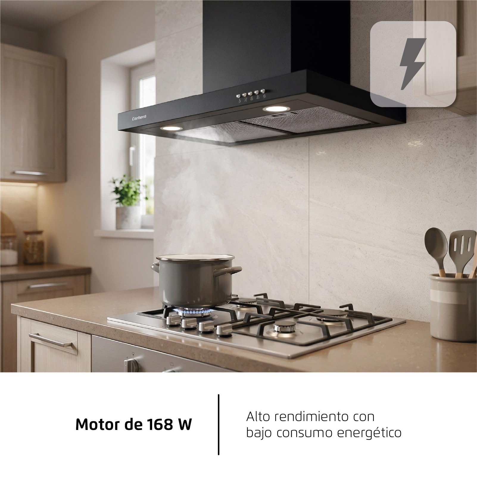 Corberó - Dekoracyjny dzwonek poziomy 60 cm | VOSTOK660B | 647,7 m3/h Przepływ | 165W | 3 prędkości | 2 filtry aluminiowe i węglowe | Efektywność energetyczna A, czarny