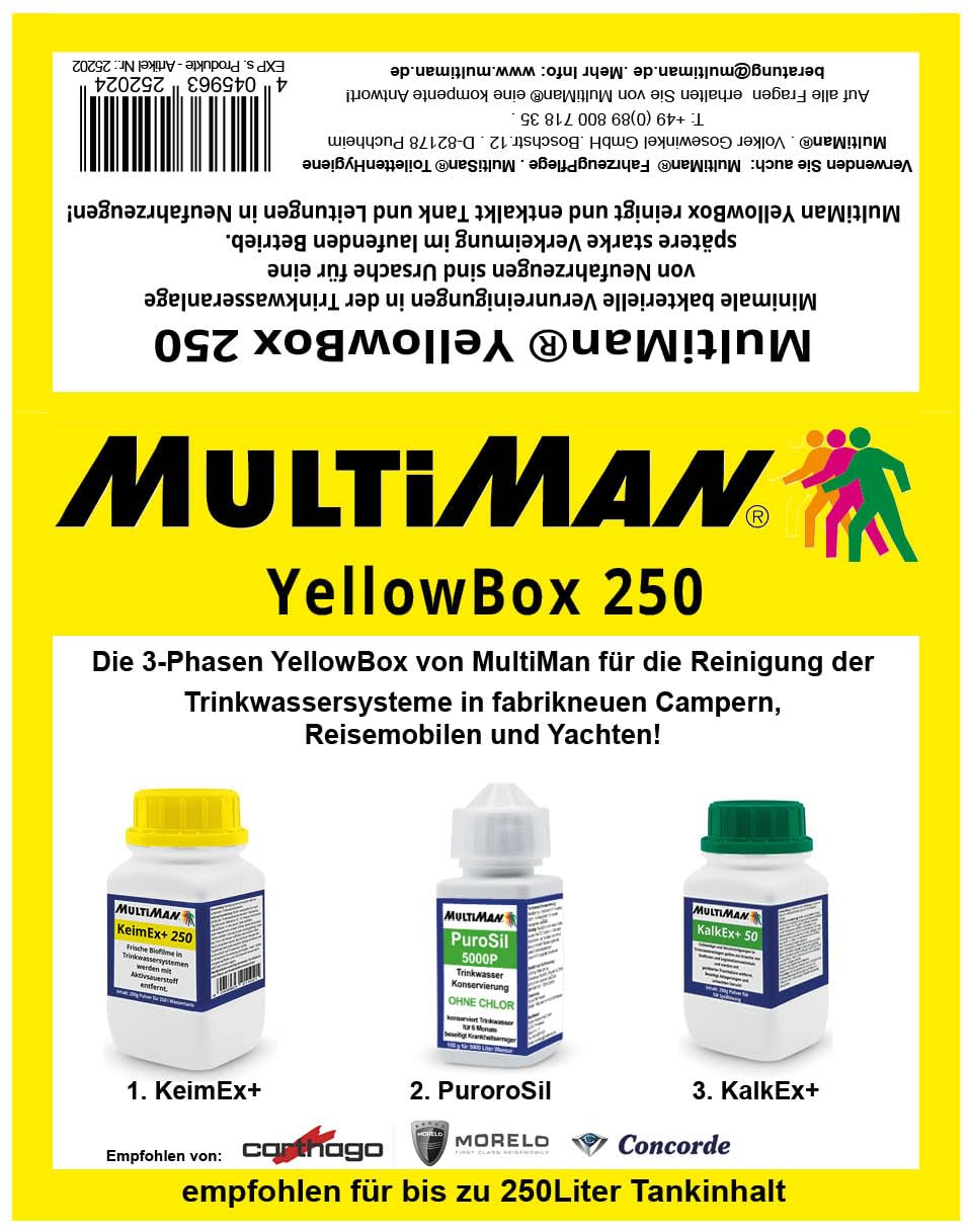 Multiman Yellowbox Wassertankreinigung bei Neufahrzeugen (Beseitigung Kunststoffgeschmack und Schutz vor Verkeimung)