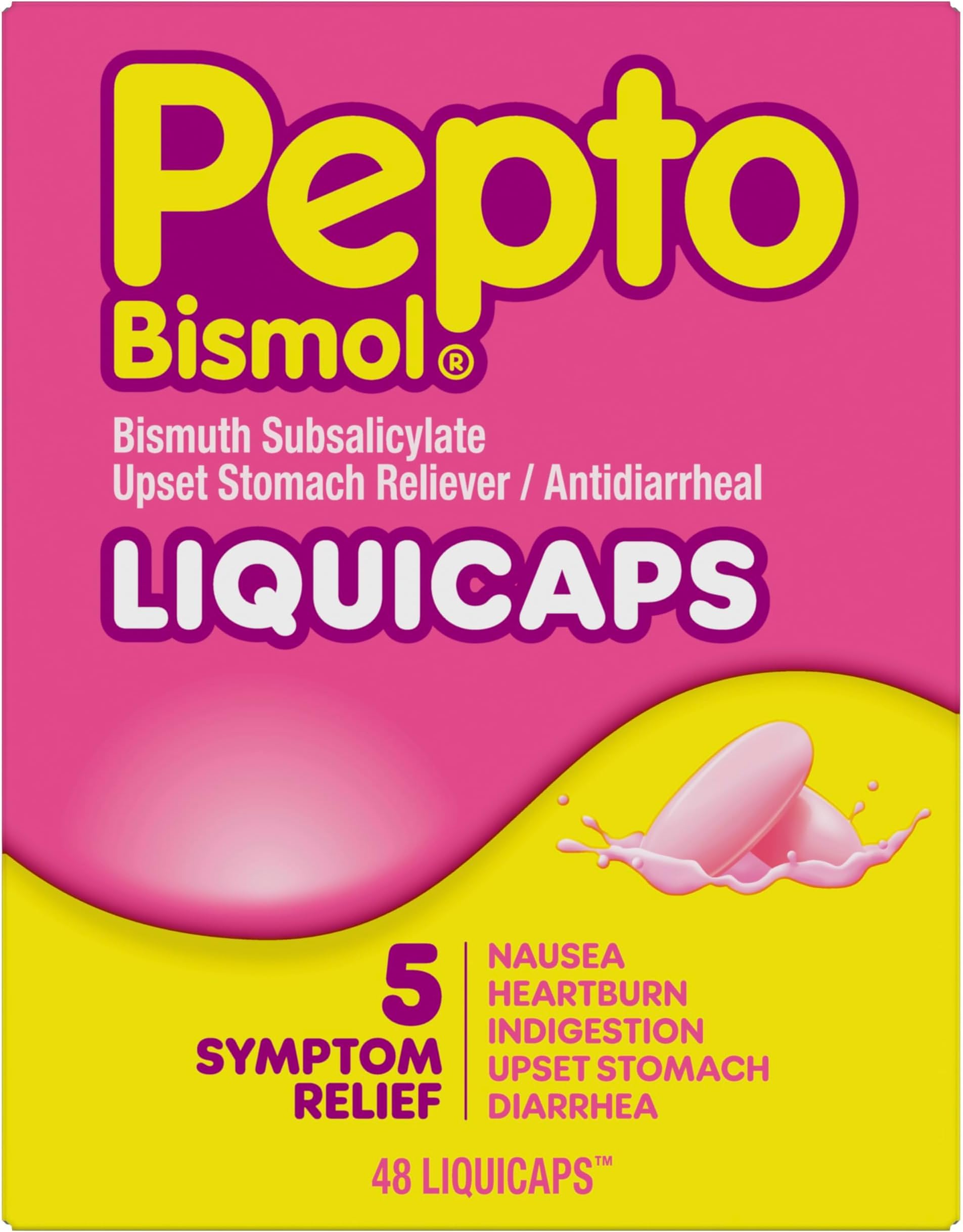Pepto Bismol Liquicaps, Upset Stomach Relief, Nausea Relief, Heartburn Relief, Indigestion Relief, Anti Diarrhea Medication for Adults - 5 Symptom Fast Relief, No Flavor, 48 ct (Pack of 12)