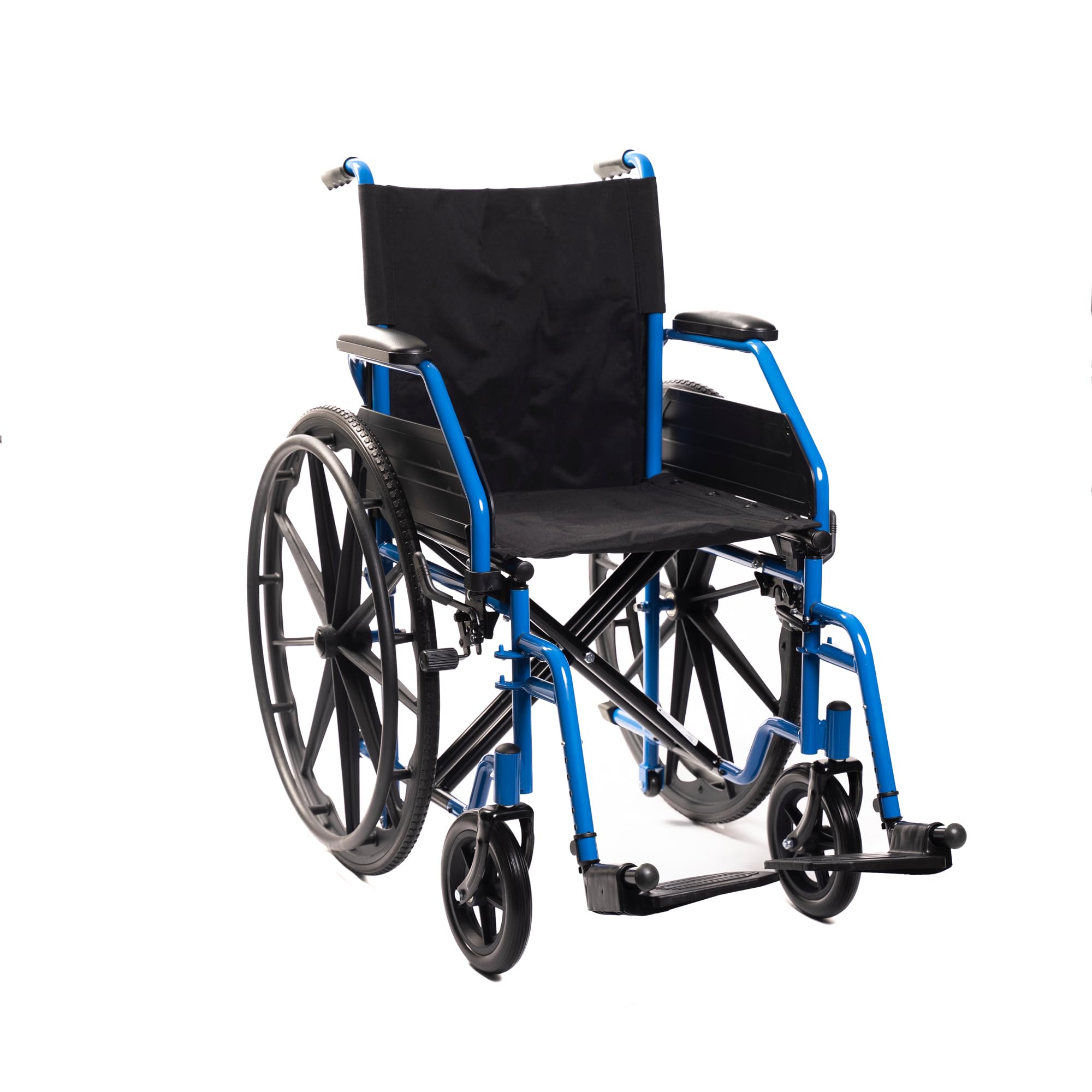 PBPharma - Carrozzina Deluxe Pieghevole 40 x 43 e Leggera per Anziani - Sedia a Rotelle Pieghevole con Braccioli Ribaltabili, Pedane Estraibili, Ruote Piene e Freni di Stazionamento Blu