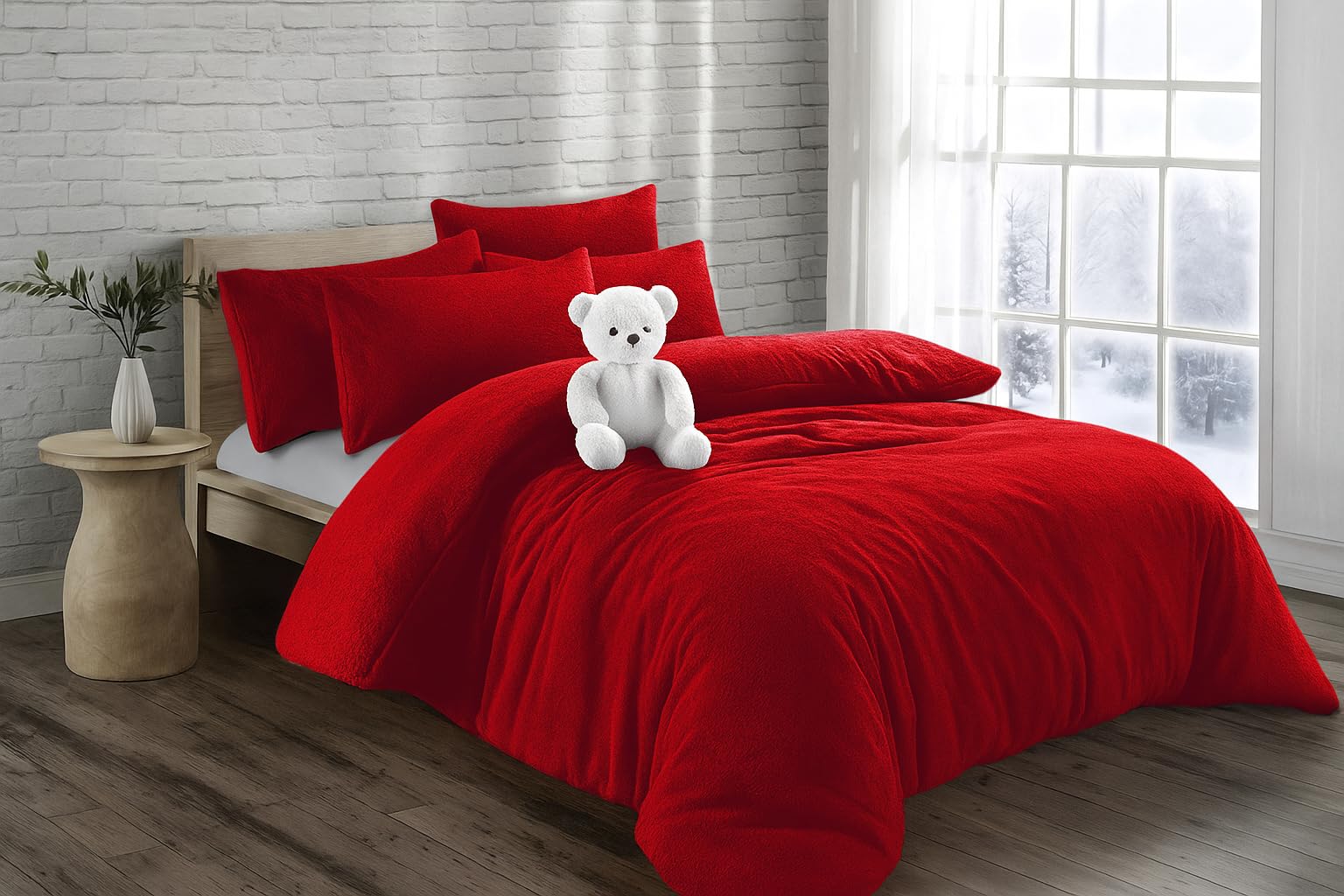KD HOME EVERYTHING YOU NEED Teddy Bear Fleece Super Soft Fluffy Warm and Cosy Duvet Sets with matching Fitted Sheet and Pillowcases (Red, Super King Duvet Set + Fitted Sheet)