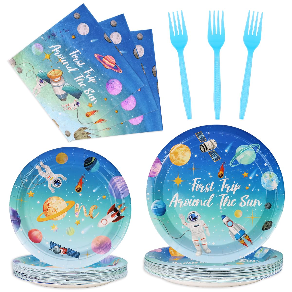 First Trip Around The Sun Space Birthday Party Supplies for 24 Guests Including Outer Space Themed Party Plates, Napkins, Forks for 1st Birthday Decorations Solar System baby shower Tableware 96Pcs