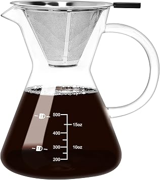 17oz/500ML Glass Pour Over Coffee Maker & Stainless Filter | Double Stainless,Thickened Heat-Resistant Borosilicate Glass,Plastic Free Pour Over Coffee Dripper for Home,Camping