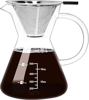 500ML(16.9oz) Glass Pour Over Coffee Maker with Double Stainless Filte - 4 Cup (Approx Refers to 4 oz. Per Cup) Thickened Heat-Resistant Paperless Pour Over Coffee Dripper Perfect Extraction for Home