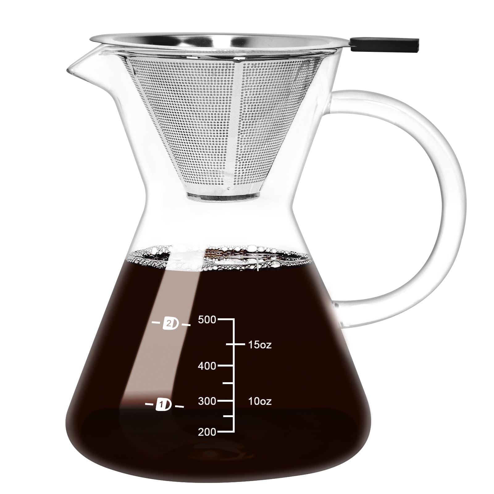 500ML(16.9oz) Glass Pour Over Coffee Maker with Double Stainless Filte - 4 Cup (Approx Refers to 4 oz. Per Cup) Thickened Heat-Resistant Paperless Pour Over Coffee Dripper Perfect Extraction for Home