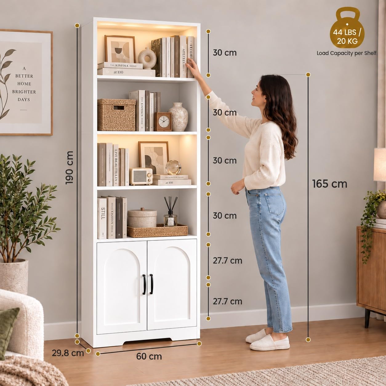 IRONCK 190cm Bücherregal Bücherschrank mit LED-Beleuchtung & Türen, weiß