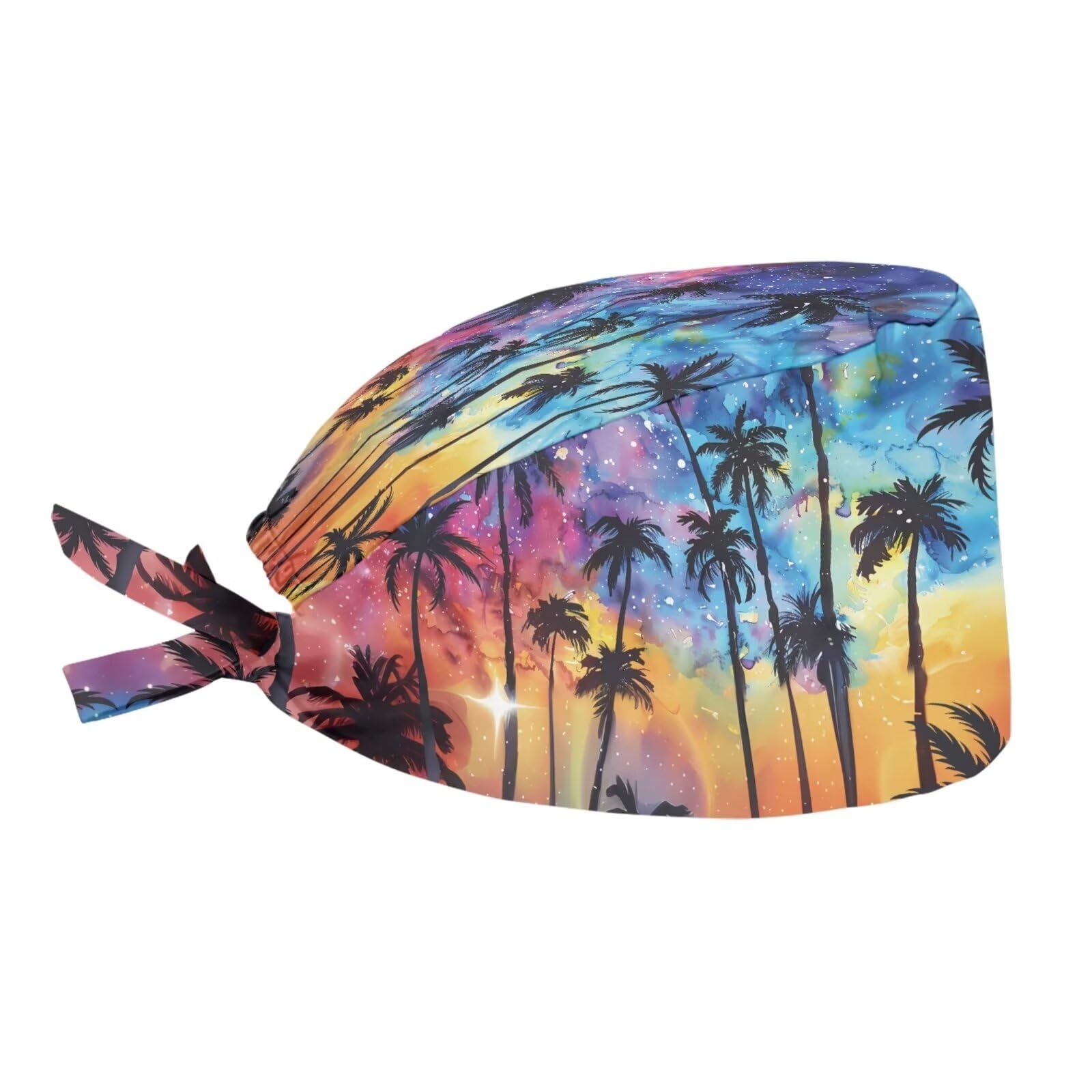 Biyejit Sunset Palm Trees Adjustable Fashional Cap Head Scarf Beanie Working Cap with Sweatband and Buttons