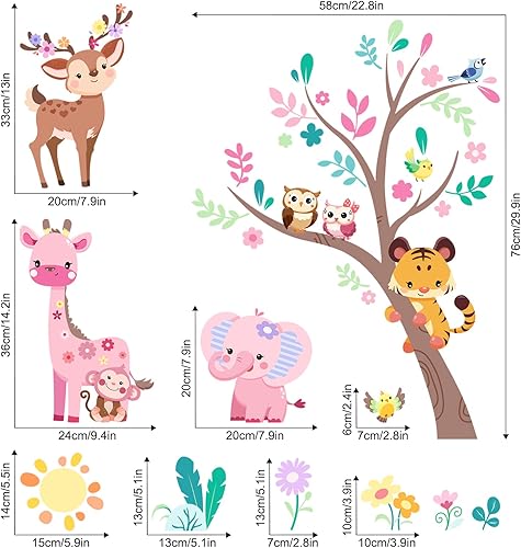 Miniatura 3 de Supzone Calcomanías de pared de árbol de animales de la selva, elefante rosa, jirafa, calcomanías de pared para niños y niñas, dormitorio, sala de