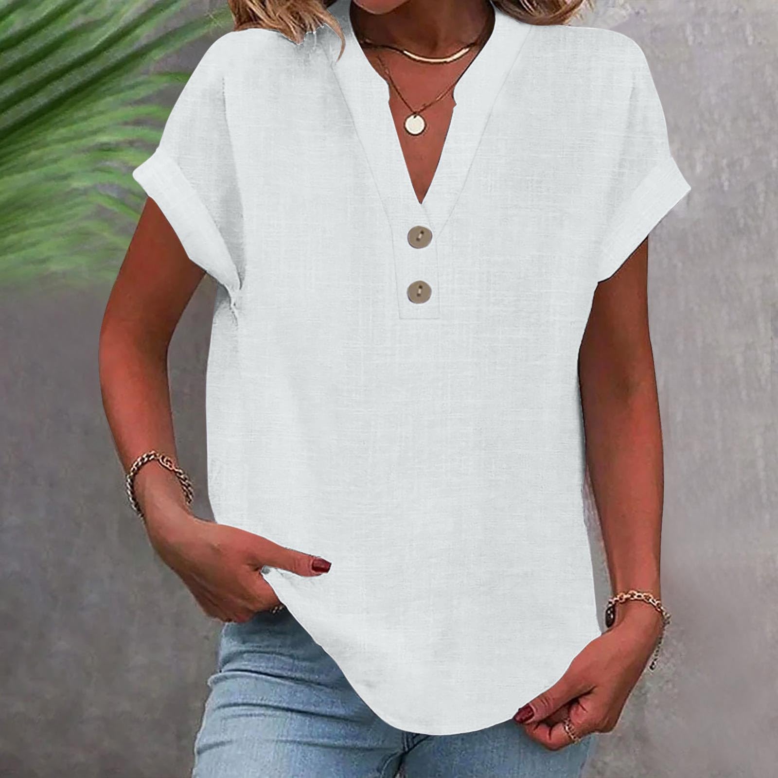 Generico Women's Summer Shirt Short Sleeve Linen Cotton Blouses Elegant Curvy Shirt Work Casual with Buttons Top Beach Blouse T Shirt Solid Color Classic - 2