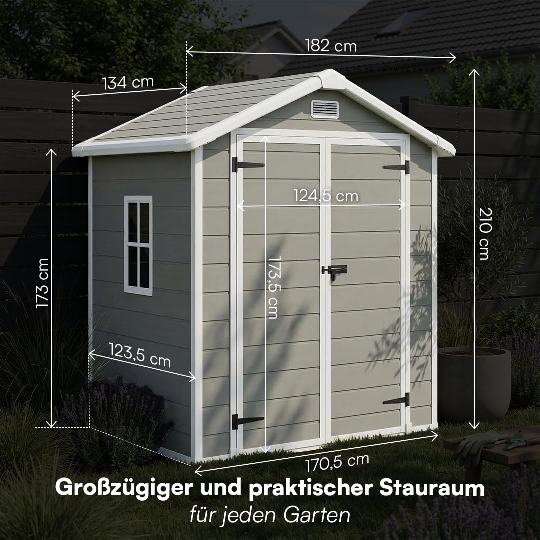 STEELSØN Novara Gerätehaus – Gartenschuppen mit Satteldach & Fenster – Gartenhaus 210x134x182 cm (HxTxB) – Geräteschuppen aus Kunststoff in Grau – Gartenhütte wetterfest & rostfrei – Schuppen