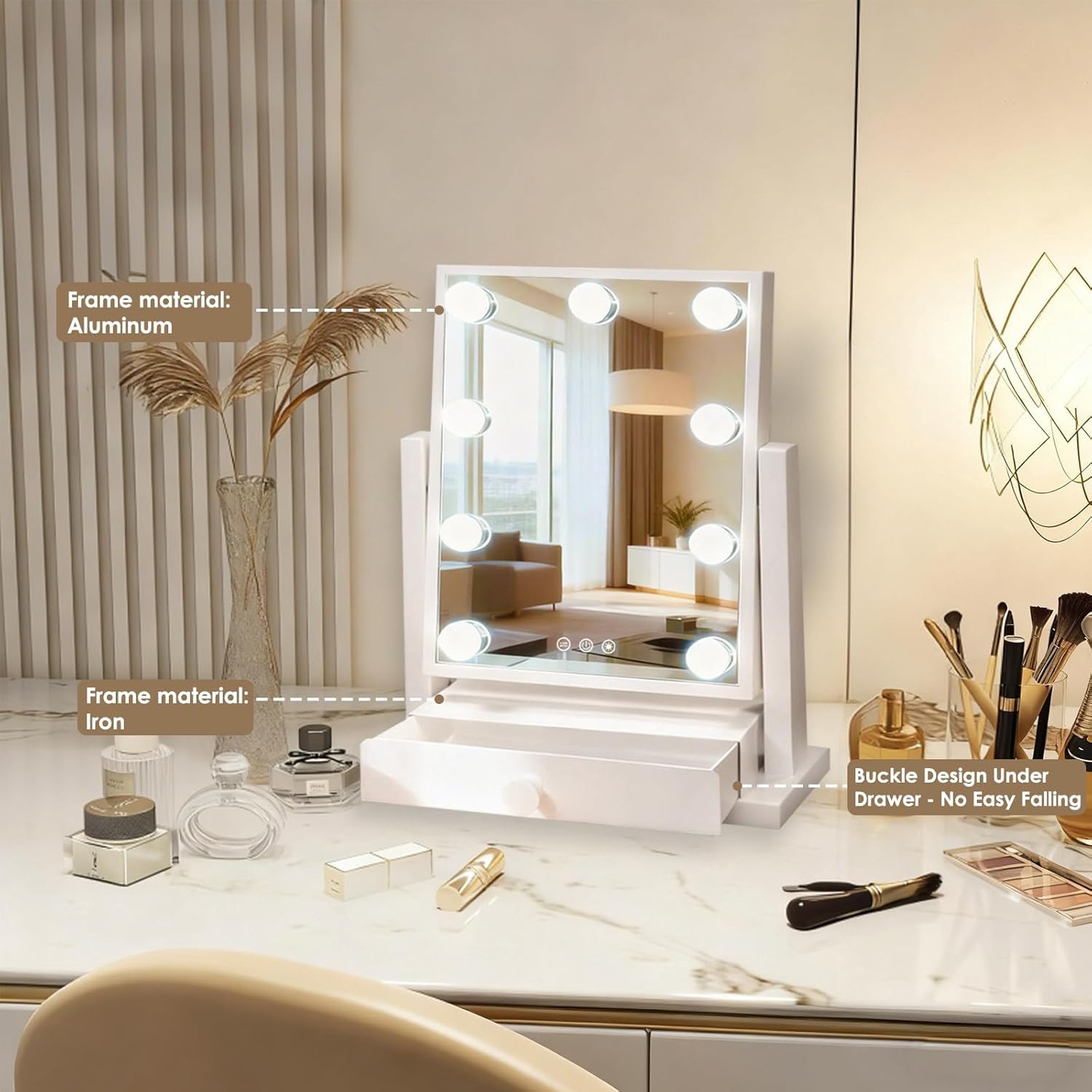 Vanity Mirror with Lights, Vanity Makeup Mirror with 9 Dimmable LED Bulbs, 3 Color Lighting Modes, Detachable 5X Magnification, LED Vanity Mirror with Drawer, Smart Touch Control,White