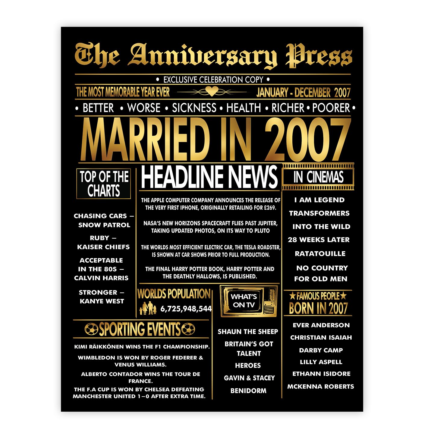 Stuff4 Gold 19th Anniversary Poster Unframed - Golden Married In 2007 Newspaper - 19 Wedding Anniversary for Men Women Vintage Gifts Back In 2007, 8x10 Inch Anniversaries Posters