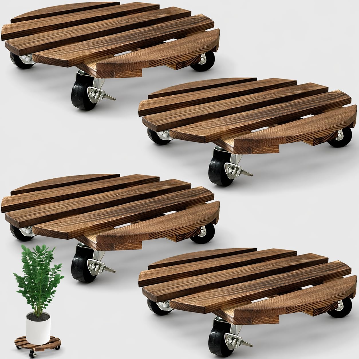 YHZMZHY 4 Pack 30cm Wooden Plant Caddy with Wheels, Heavy Duty Round Rolling Plant Stand with Metal Lockable Casters, Mobile Plant Holder for Indoor Outdoor Garden, Flower Pot Trolley