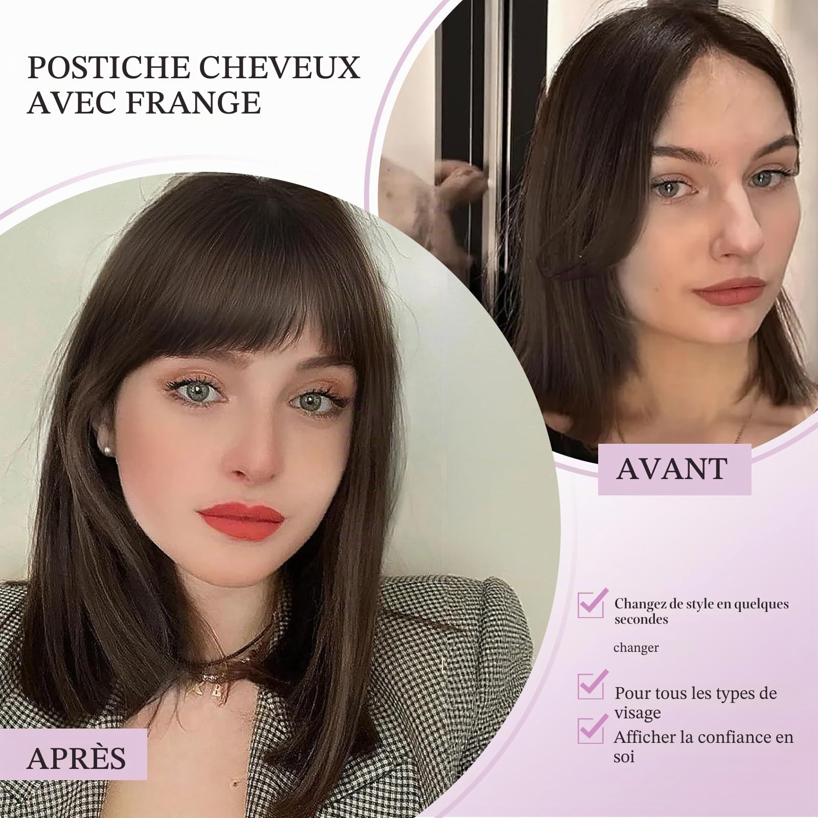 Extensions de cheveux naturels pour femmes avec frange Mèche capillaire en cheveux humins cousue à la main pour cheveux clairsemés (Châtain Moyen)