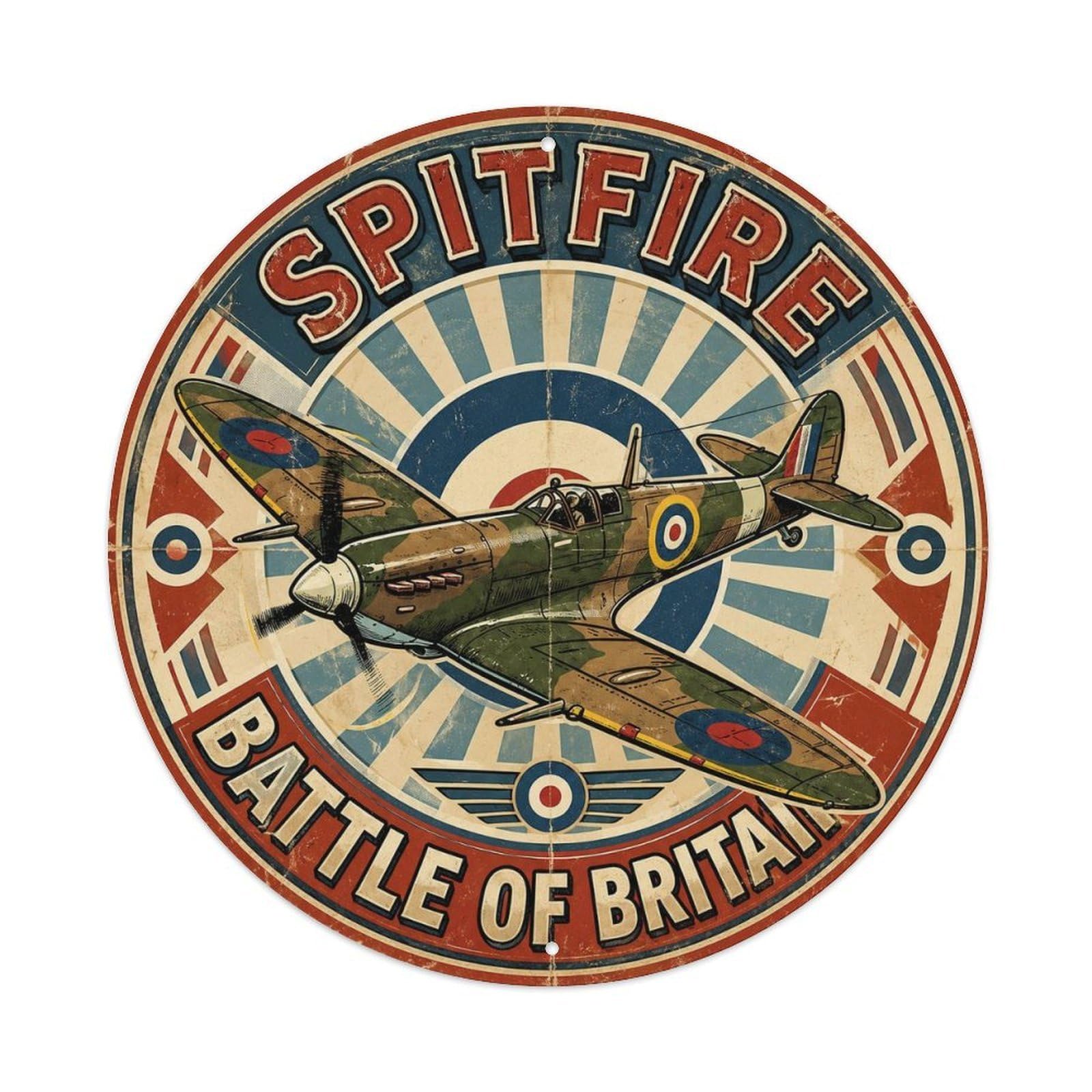 British WWII Military Spitfire Fighter Aircraft Retro Metal Tin Sign Plaque Wall Decor for Cafe, Man Cave, Club Bar, Office, Home Garden Round Metal Poster 8x8Inch