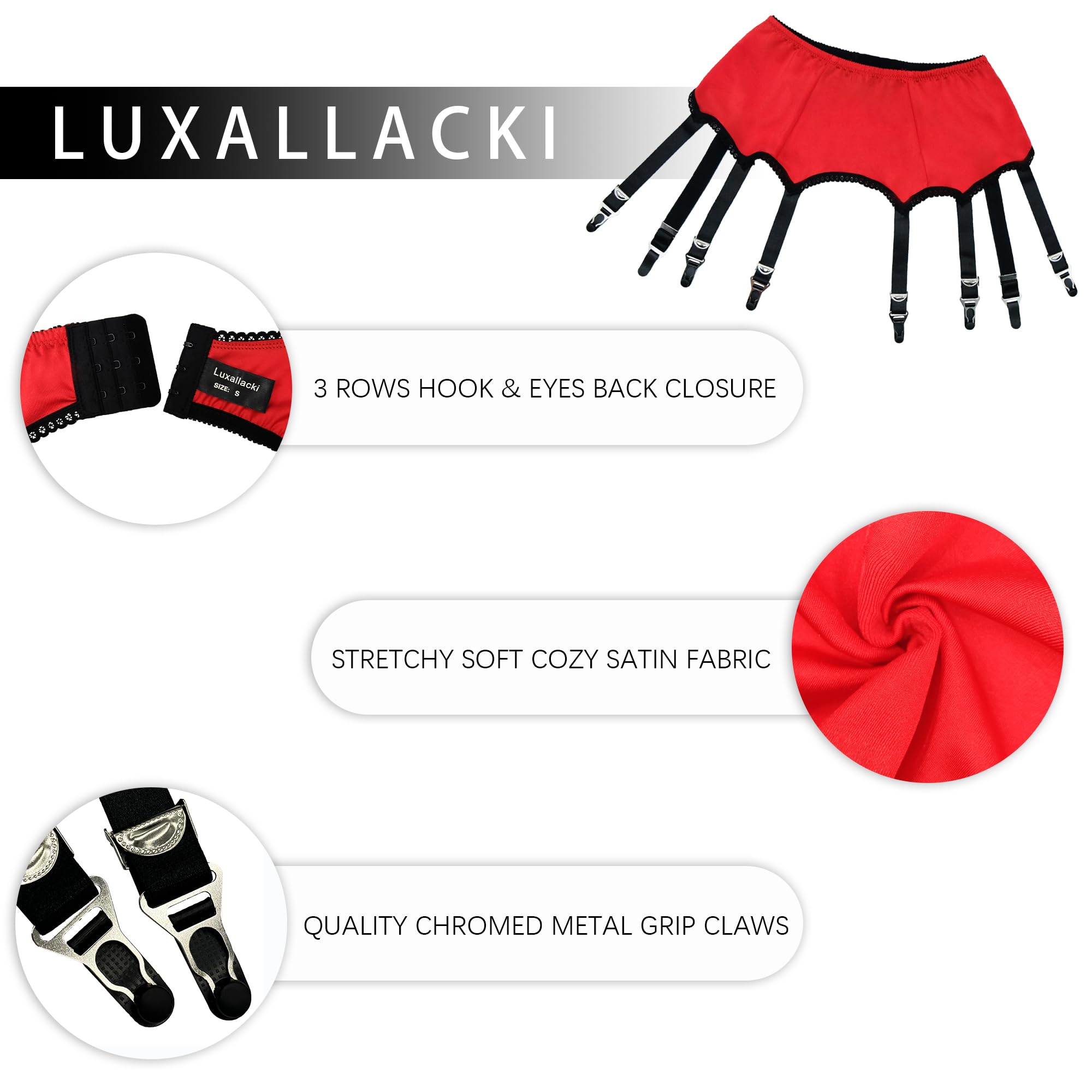 Luxallacki Plain Color 8 Straps Retro Garter Belt with Adjustable Suspender Metal Clips for Thigh High Stocking