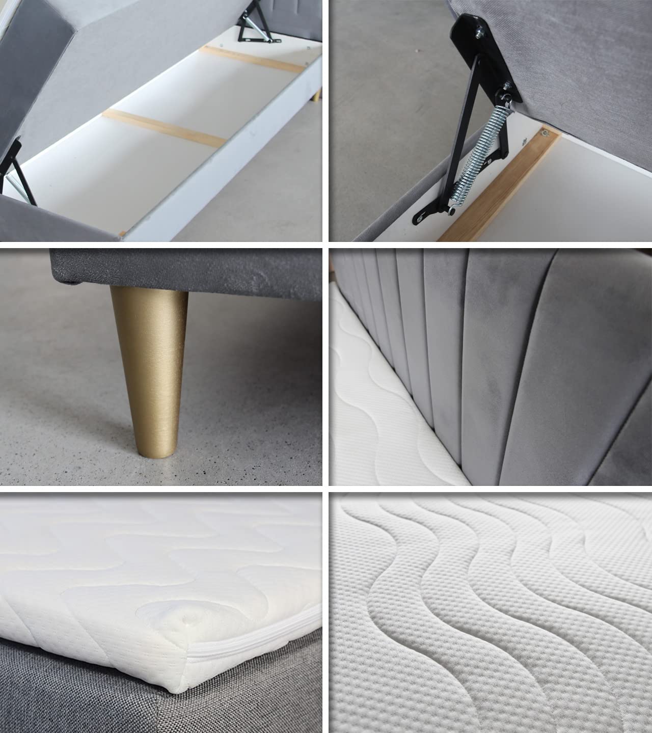 Sofnet Boxspringbett Gold mit 2 Bettkästen und Topper - Doppelbett, Bonell-Matratze, Polsterbett, Bett mit Matratzentopper, Schlafzimmer, Velours Stoff (Grau (Manila 16), 180 x 200 cm)