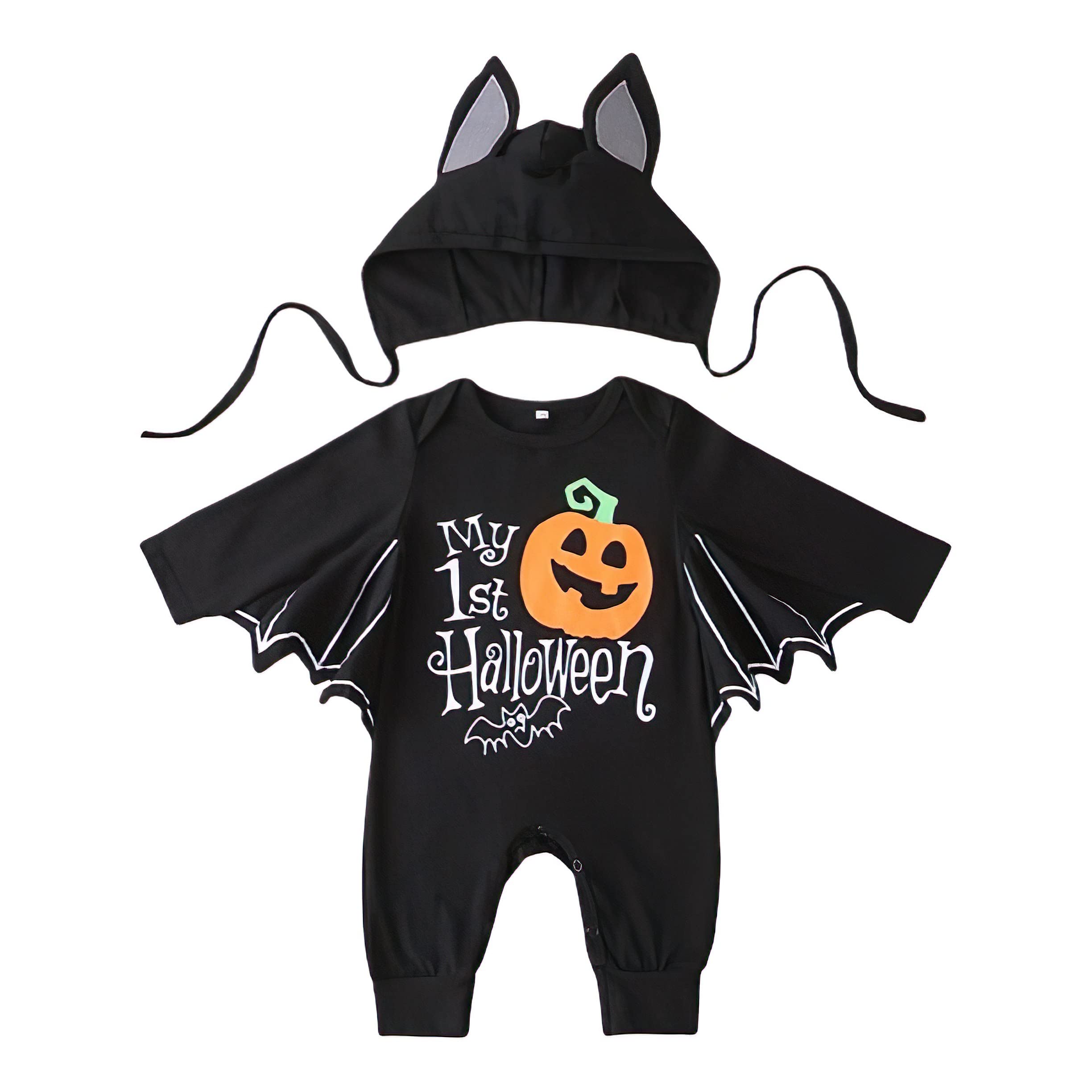 HIGHLAND My First Halloween Outfit for Children – Halloween Baby Romper with Batwing Sleeve Round Collar Pumpkin Printed Jumpsuit – Halloween Costume for Infant Boys Girls