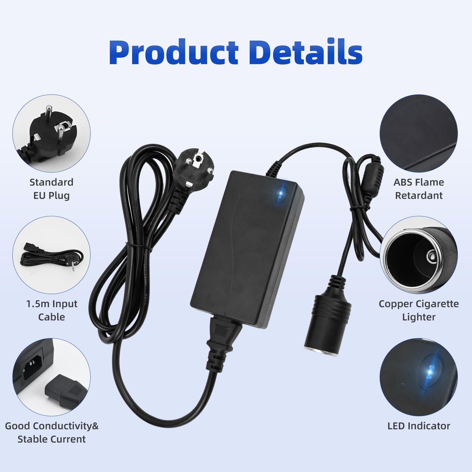 Adapter samochodowy 5A 60W, przetwornik napięcia 230V na 12V, adapter gniazda zapalniczki, adapter AC na DC 12V na 230V, do lodówki turystycznej, kamer samochodowych, rejestratorów jazdy, ładowarki sa
