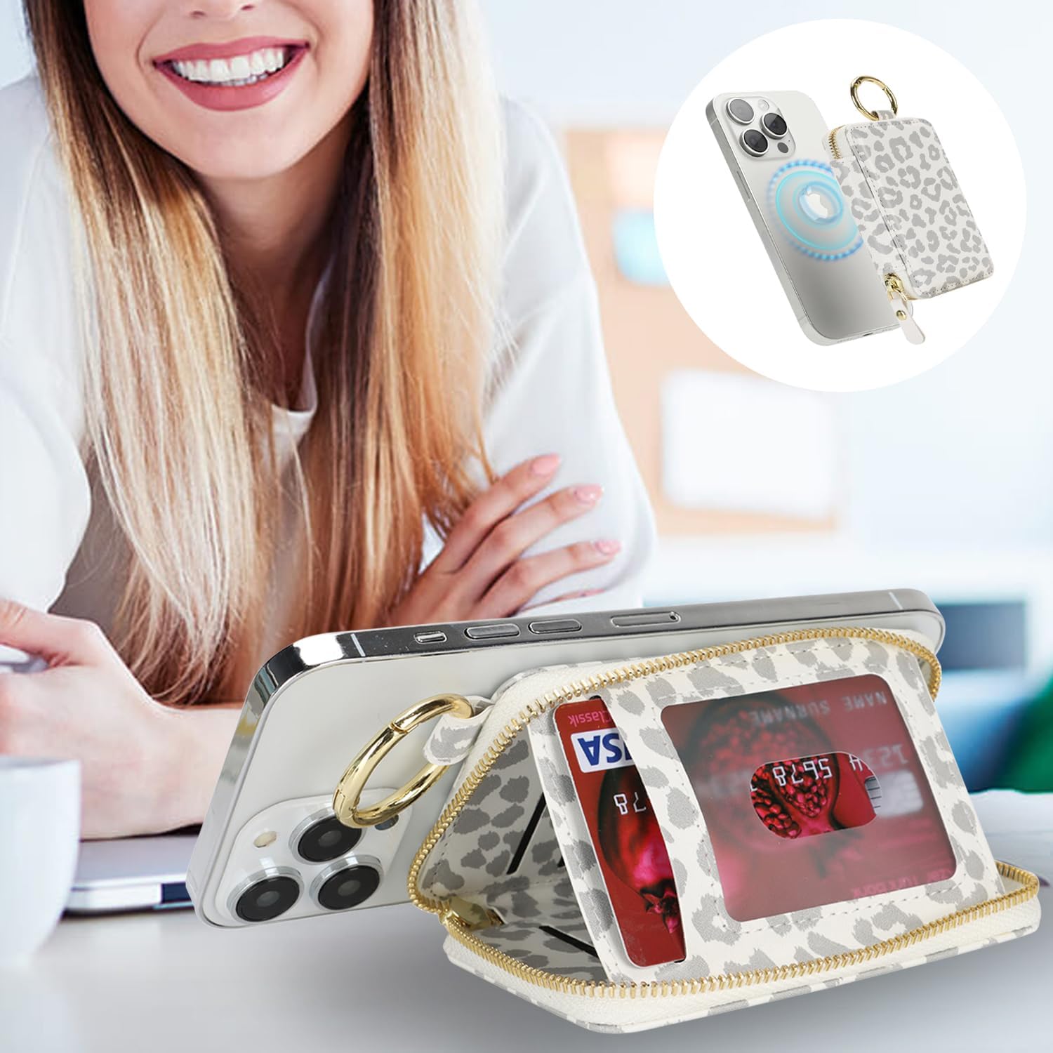 Compatible with MagSafe Wallet,Magnetic Phone Wallet Card Holder for iPhone 17/16 Pro Max/15 plus/14 Pro/13/12 Series,PU Leather Zipper Pocket Adjustable Stand-White Leopard - Image 4