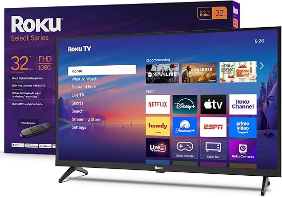 Roku Smart TV 2025 – 32-Inch Select Series, 1080p Full HD TV – Roku TV with Voice Remote – Flat Screen LED Television with Wi-Fi for Streaming Live Local News, Sports, Family Entertainment