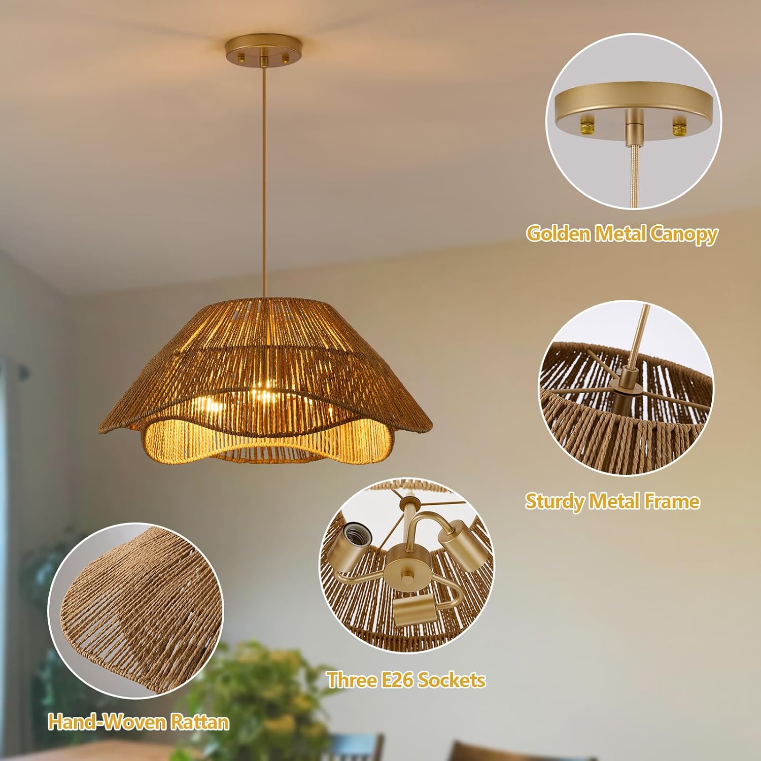 19.68" Large Gold Rattan Pendant Light, 3-Light Farmhouse Chandeliers for Dining Room, Woven Wicker Flush Mount Hanging Light, Adjustable Boho Pendant Lighting for Kitchen Island Bedroom
