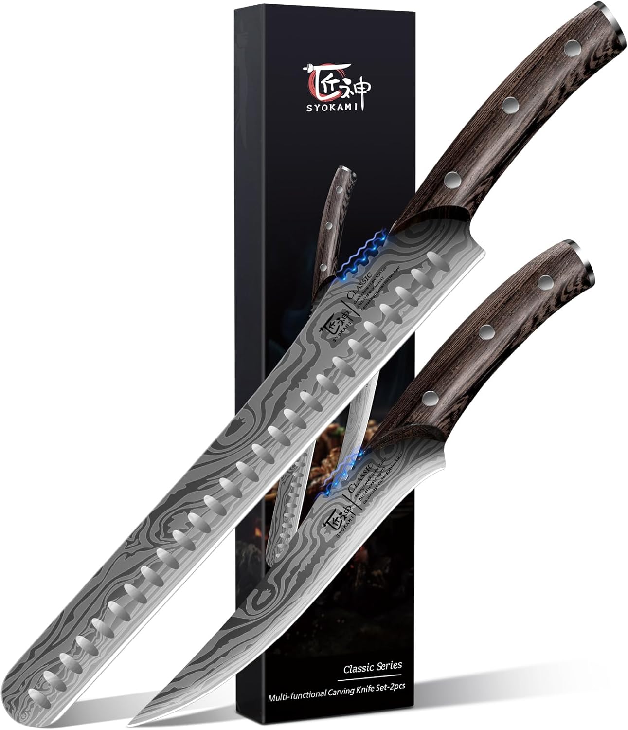 BBQ Carving Knives Set, Brisket Slicing Knife and Boning Knife for Meat Cutting, Razor Sharp Japanese Style High Carbon Steel Kitchen Knives, Wood Ergonomic Full Tang Handle, Ideal for Gift BBQ Carving Knives Set, Brisket Slicing Knife and Boning Knife for Meat Cutting, Razor Sharp Japanese Style High Carbon Steel Kitchen Knives, Wood Ergonomic Full Tang Handle, Ideal for Gift