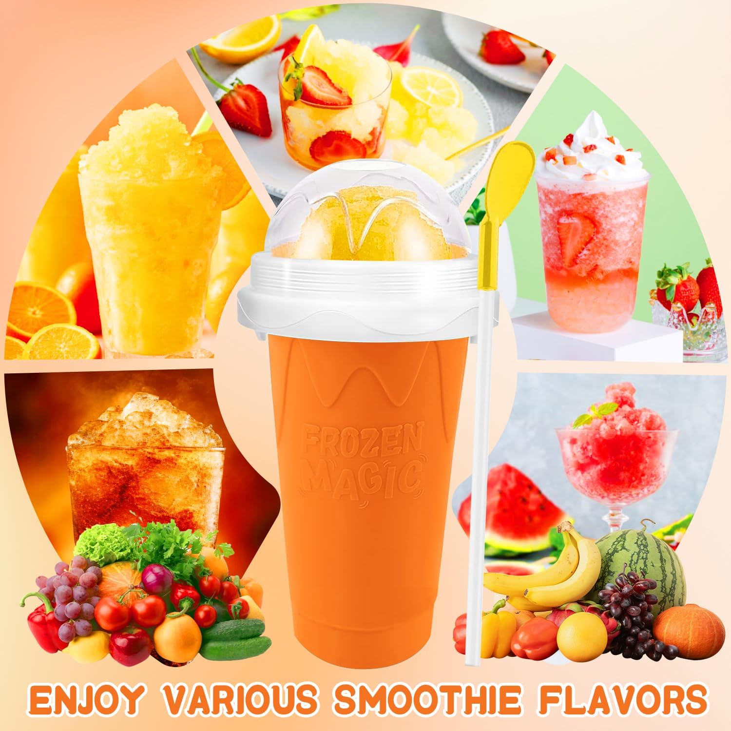 FANS-ONE Slushie Cup, 2 Pack Frozen Magic Slushy Cup, Reusable Slushie Maker Cup for Juice Yogurt Ice Cream Make, DIY Slushy Maker Cups with Lid & Straw Cool Stuff for Boys Girls Teen (Pink+Orange)