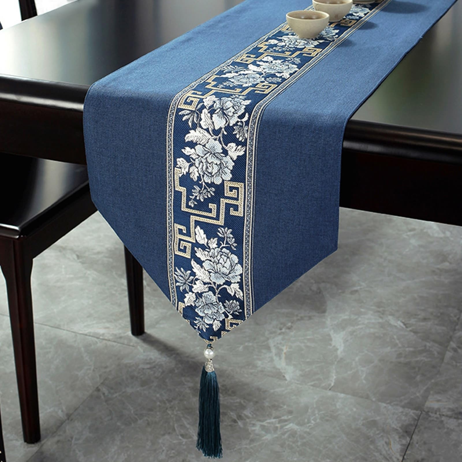 Chemin de table en coton lin bleu de 2m pour sublimer vos repas de fête et dîners en famille