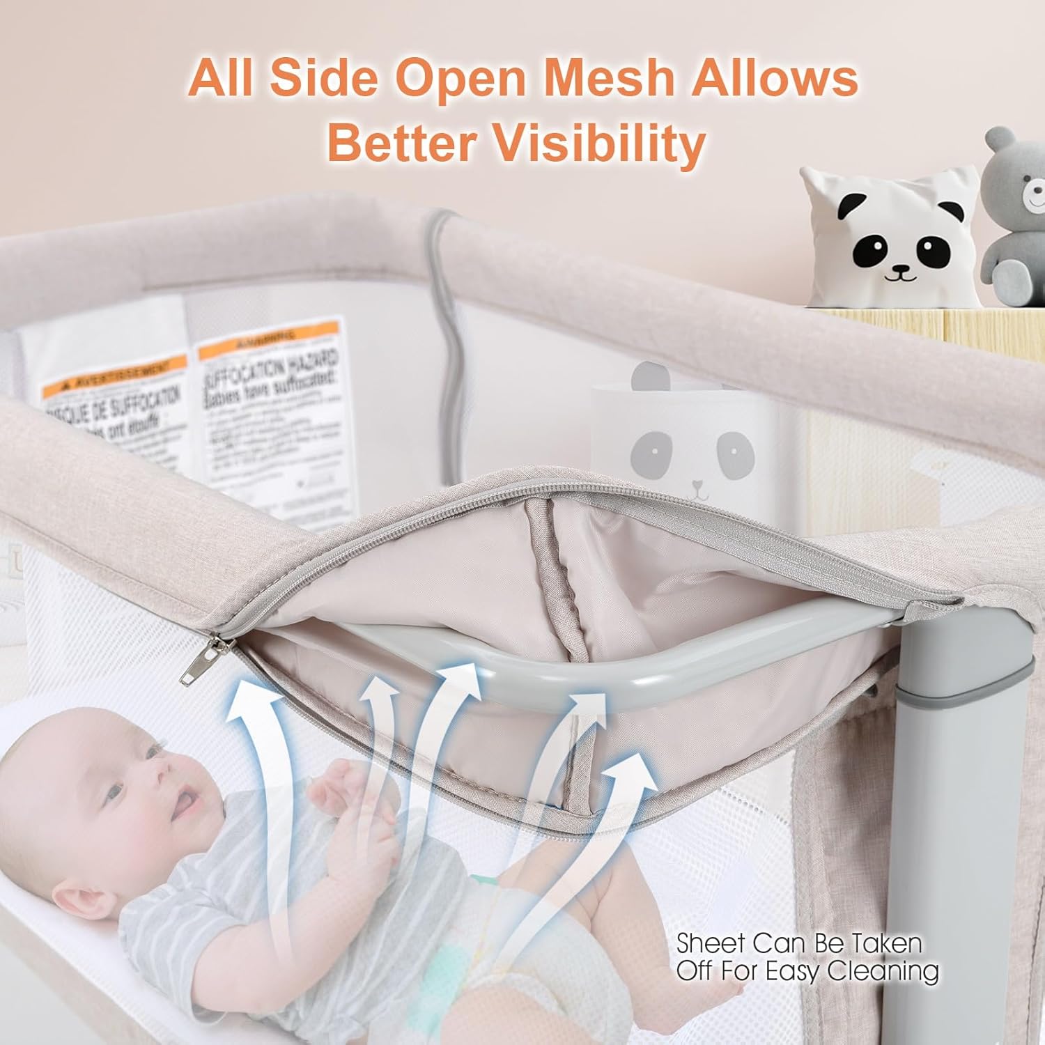 Beige 3-in-1 Baby Bassinet with Mesh Walls and Wheels
