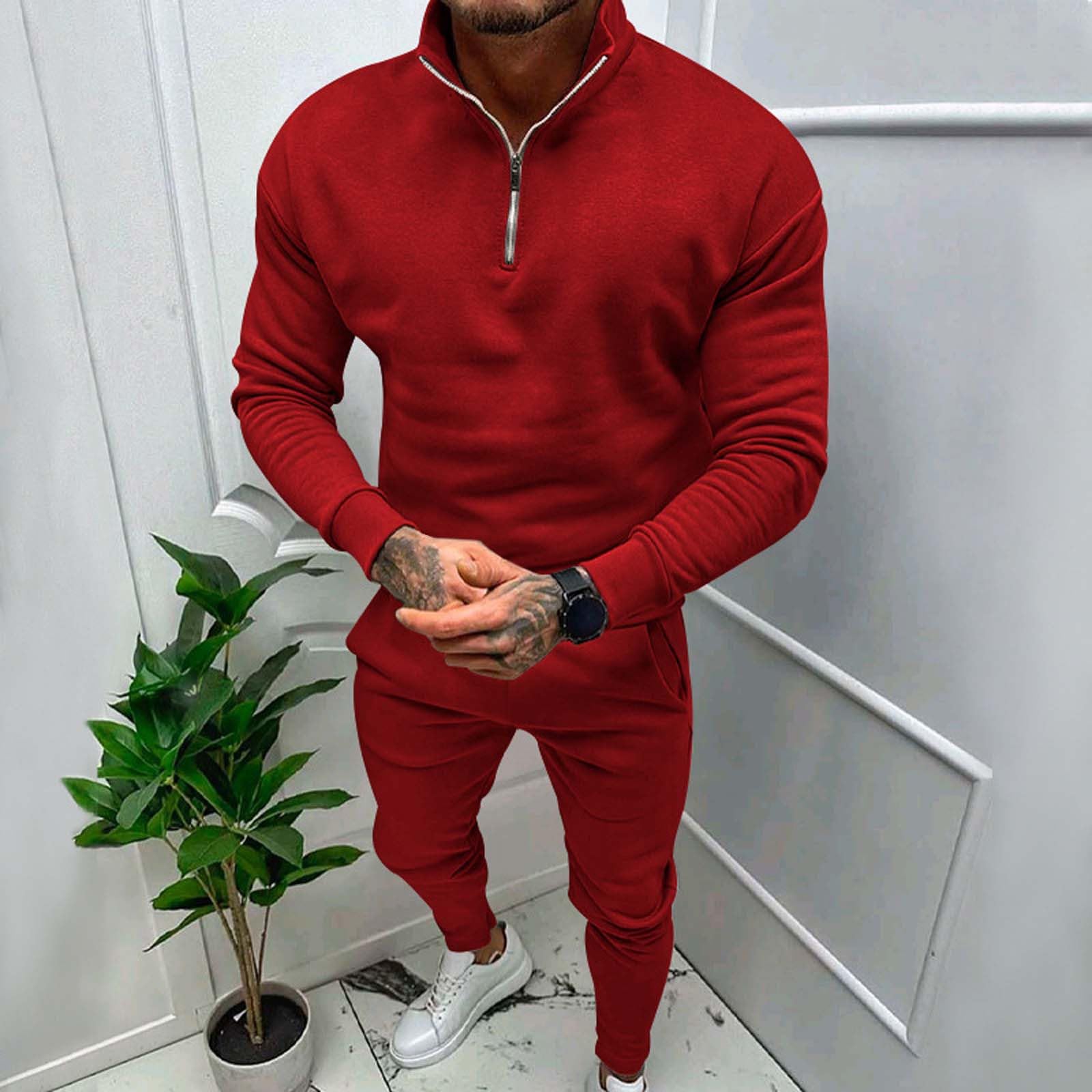 Męski dres treningowy z zamkiem do połowy, 2-częściowy, bluza i joggery, beżowa odzież domowa z wysokim dekoltem, strój dla mężczyzn, miękka bawełniana odzież sportowa, dopasowany krój, wygodny dres