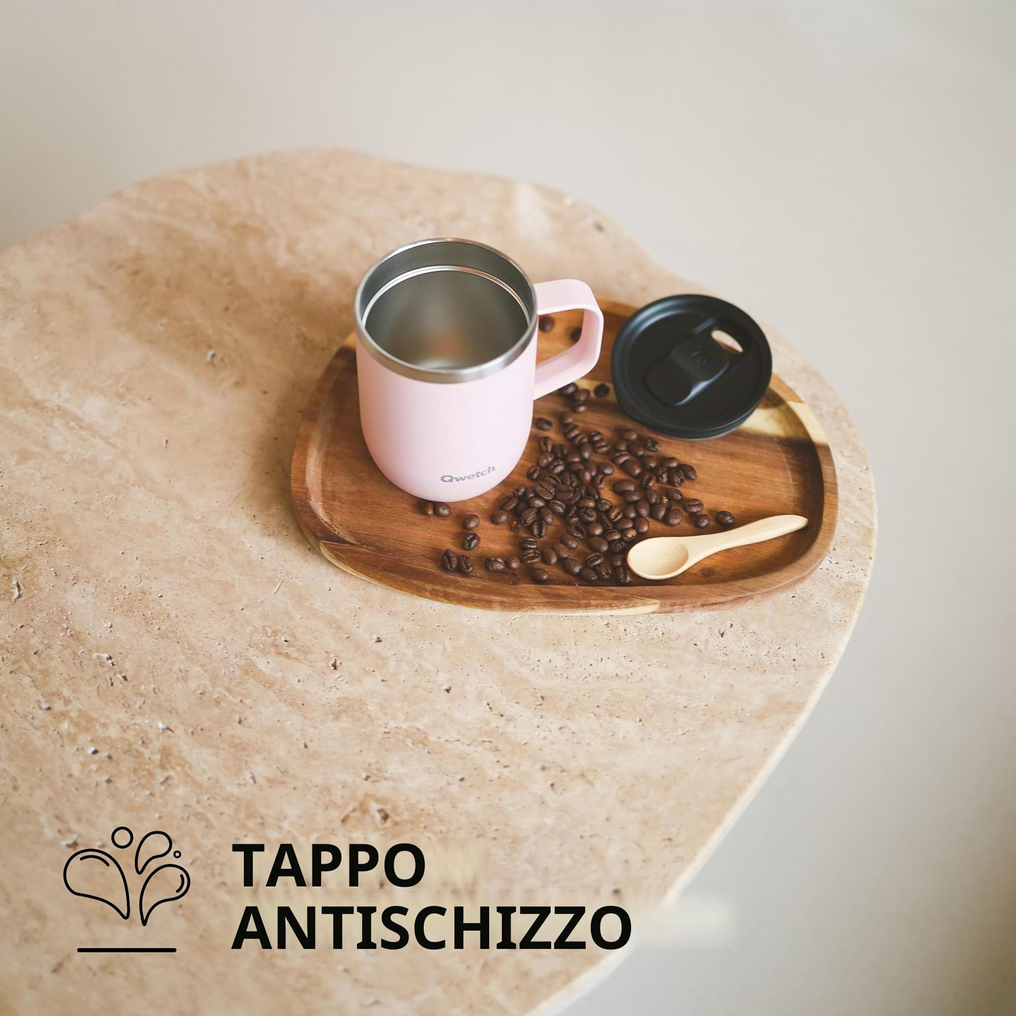 Qwetch – Tazza Termica 350 ml con Manico Blu Notte – Mug Termica Caffè & Tè – Acciaio Inox Riciclato 90% – 6h Caldo / 12h Freddo – Coperchio Scorrevole Antigoccia – Compatibile con Filtri