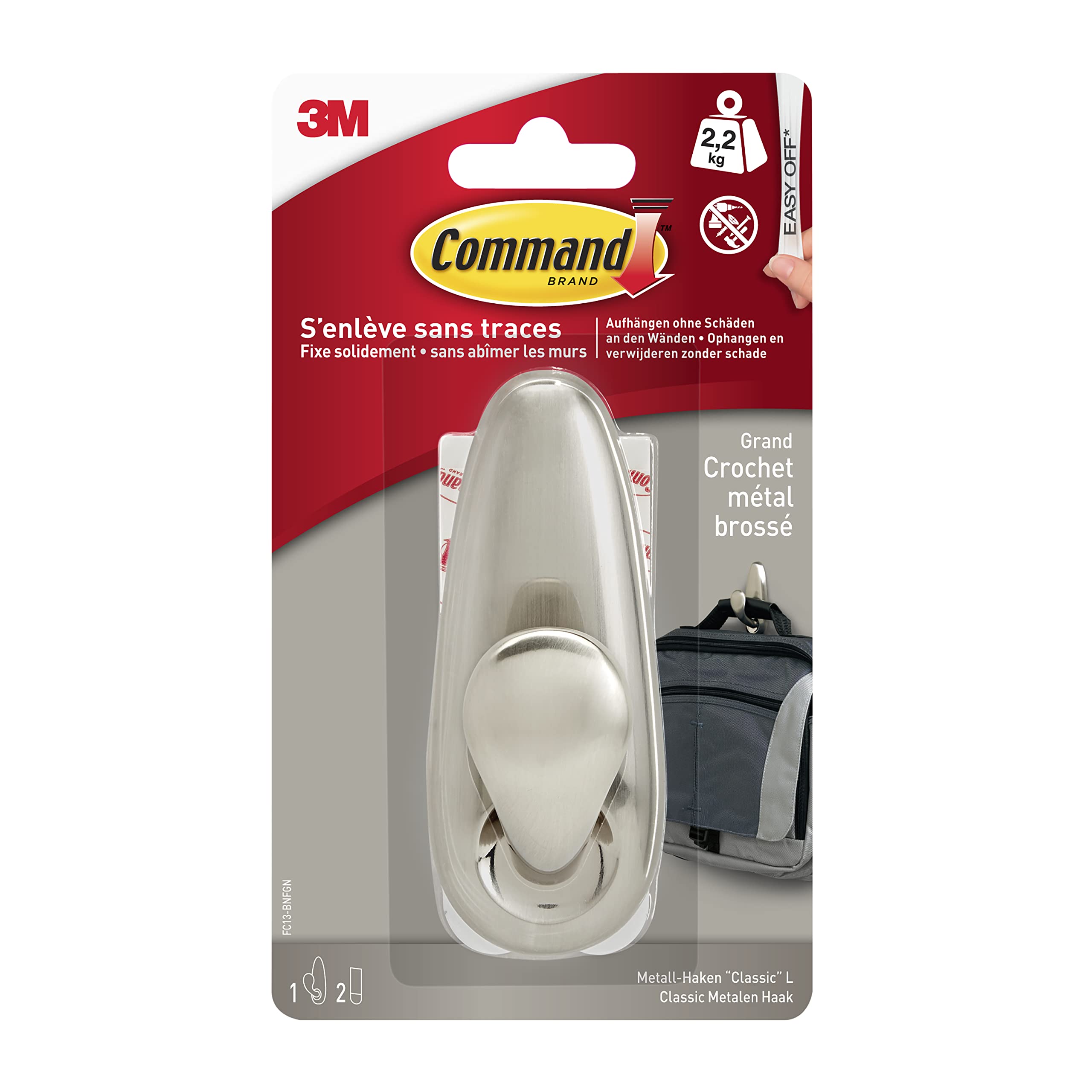 Command Brushed Metal Fc13-Bnfgn Forever Classic Metal Hook L, Large, Brushed Nickel, Fc13-Bn
