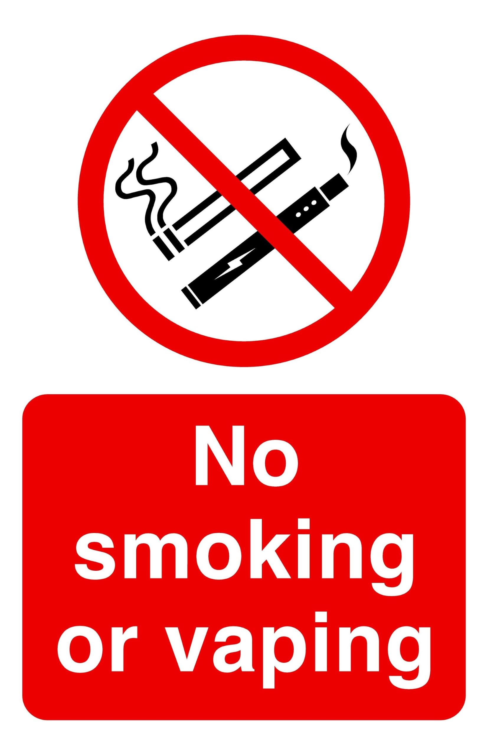 No smoking or vaping sign - 1.2mm Rigid plastic for indoor/outdoor usage (200mm x 150mm) Viewing Distance within 5m.