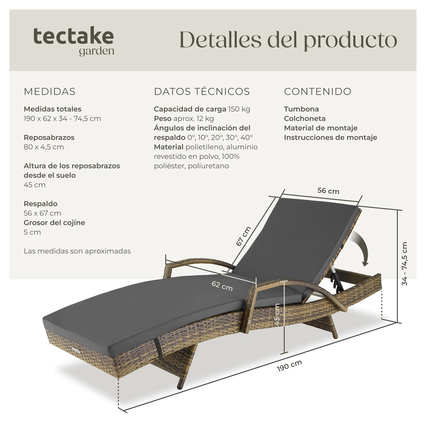 tectake® Tumbona Jardín Exterior de Ratán y Aluminio, Tumbona de Piscina con Respaldo Regulable en 5 Posiciones, Tumbona de Playa Impermeble y Resistente a Intemperie, Fácil Limpieza - Natural